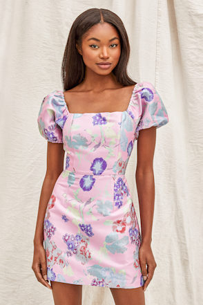 so stunning navy blue floral jacquard puff sleeve mini dress NWT Lulus So Stunning Navy Blue Gold Floral Jacquard Puff Sleeve Mini Dress M