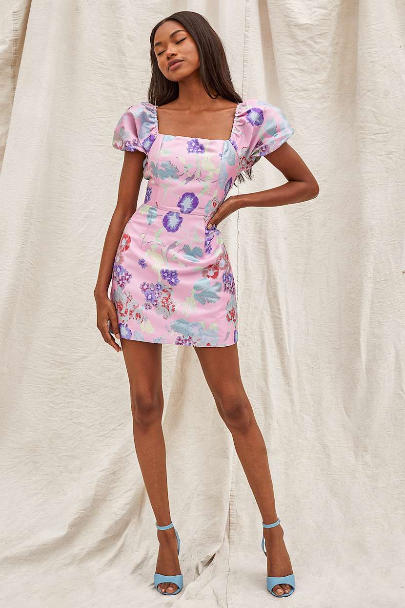 pink multi jacquard puff sleeve darcy mini dress Pink Floral Dress - Jacquard Mini Dress - Puff Sleeve Dress