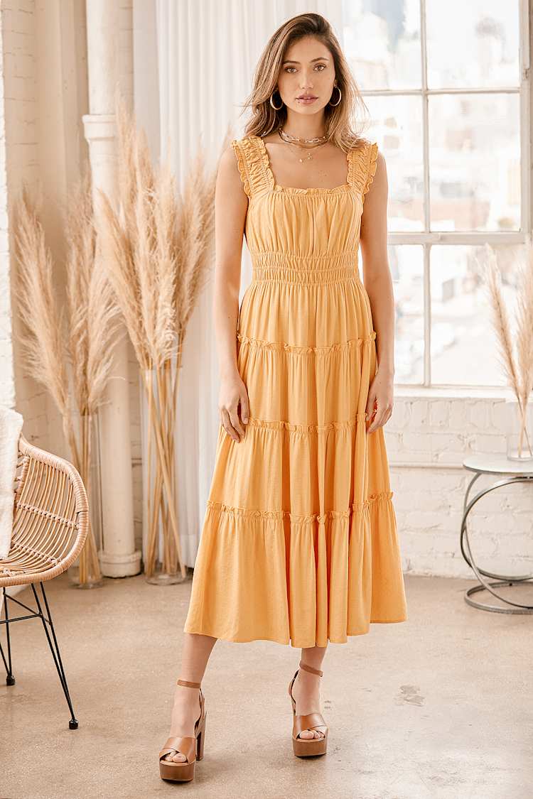 mustard maxi dress Vestido Con Olanes Devine - Mostaza this maxi dress falls into a flared hem that moves with you A&A Luxe Spaghetti Strap Backless
