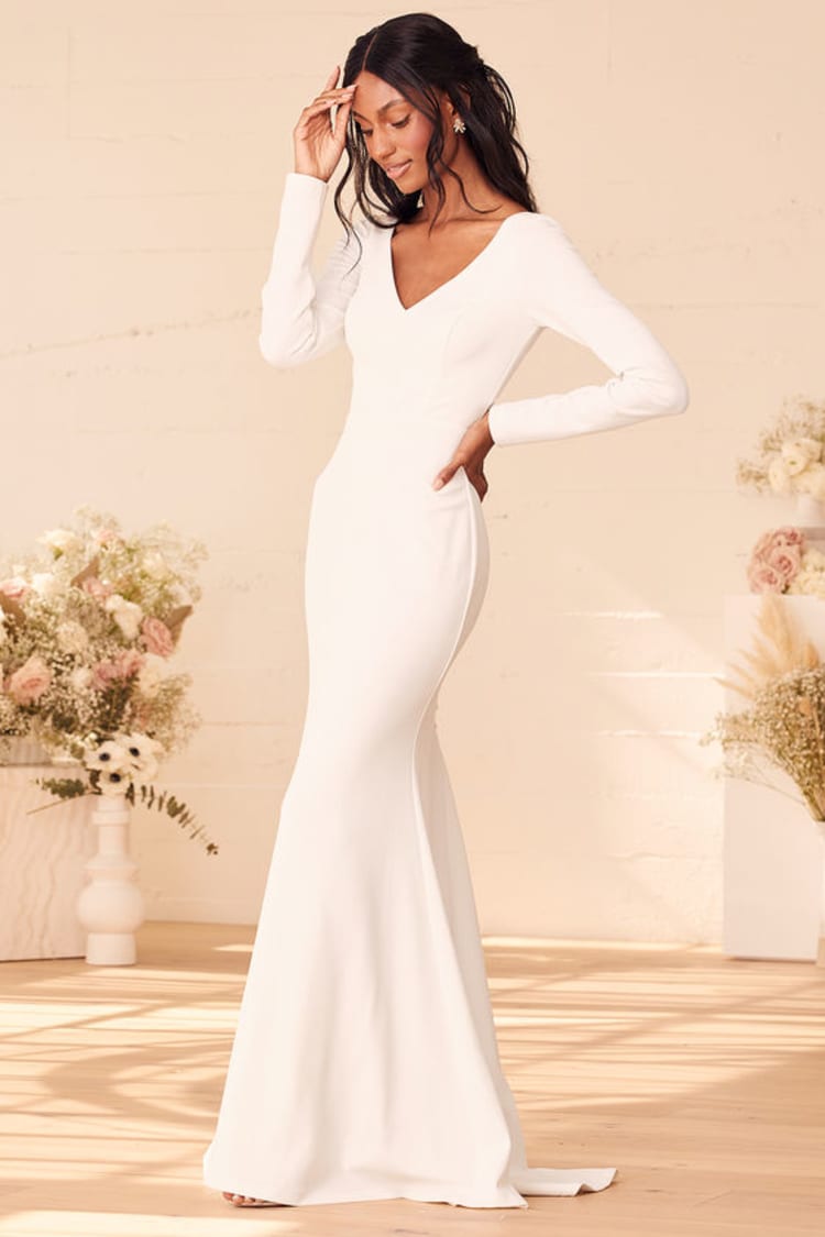 White Lace Bridal Gown - Mermaid Maxi Dress - V-Neck Lace Dress