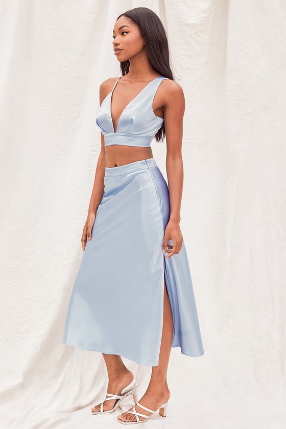 Light Blue Midi Dress - Satin Two-Piece - A-Line Dress Lulus