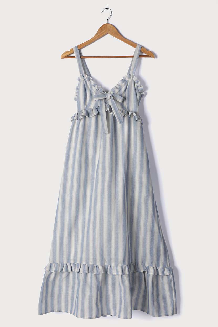 Blue & White Striped Midi - Woven Midi Dress - Ruffled Midi Dress - Lulus
