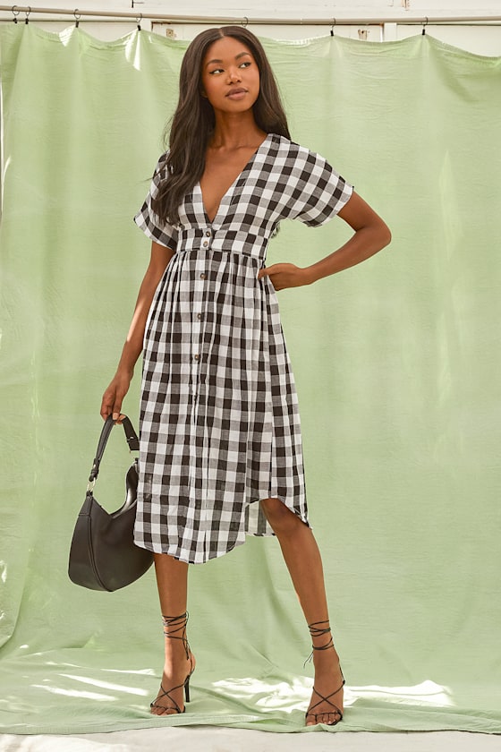Checks Out Black and White Gingham Button-Front Midi Dress 4