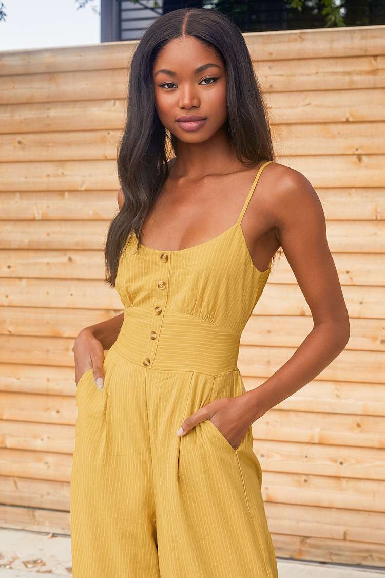 Coastal Air Mustard Yellow Striped Tie-Back Culotte Jumpsuit