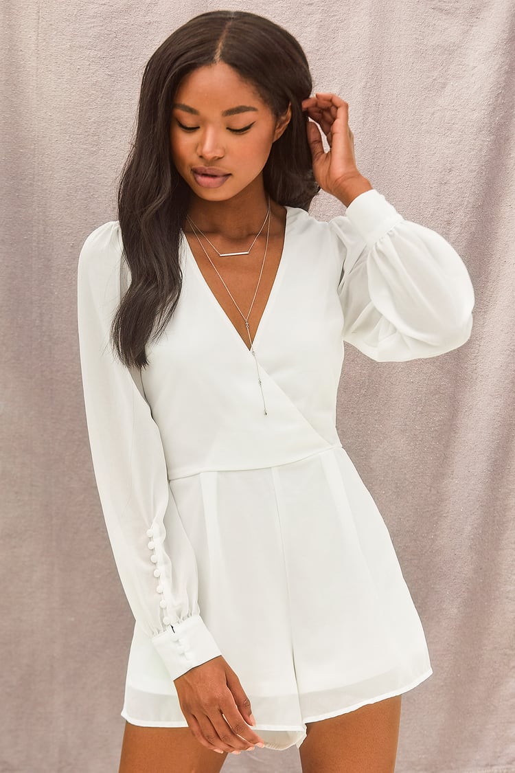 Feeling Like a Dream White Long Sleeve Surplice Romper