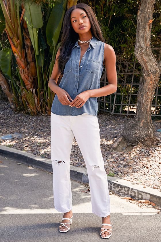 Courtesy Collar Blue Chambray Top 1