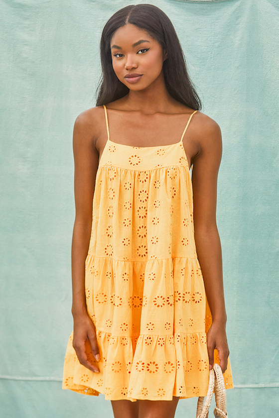 Breeze on Down Mustard Yellow Eyelet Lace Babydoll Dress 3