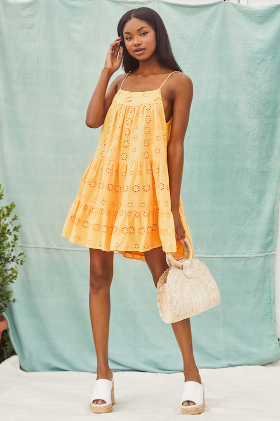 Breeze on Down Mustard Yellow Eyelet Lace Babydoll Dress 2