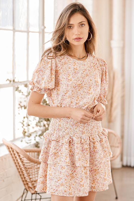 Tulip Floral Print Puff Sleeve Mini Dress main image 1