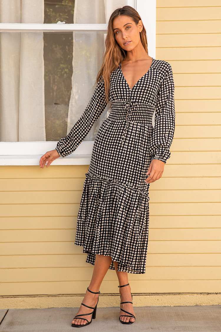 Dreamy Spot Black Polka Dot Long Sleeve Tiered Midi Dress