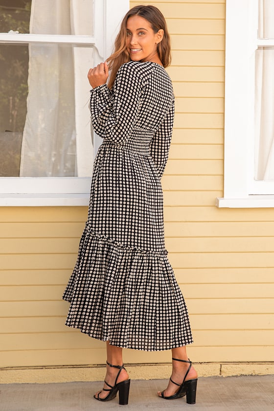 Black Polka Dot Dress - Long Sleeve Dress - Tiered Midi Dress - Lulus
