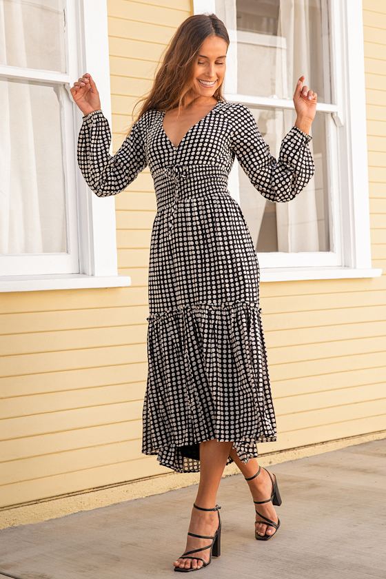 Black Polka Dot Dress - Long Sleeve Dress - Tiered Midi Dress - Lulus