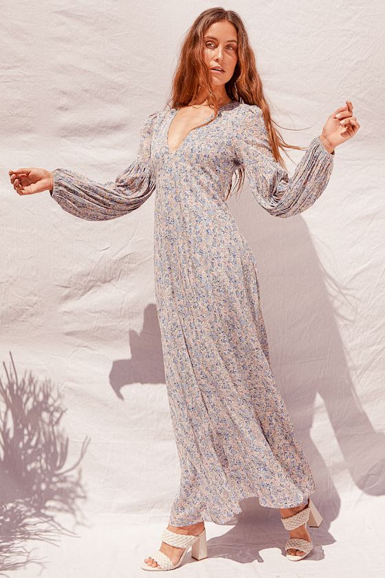 Karsen Elegant Floral Print Puff Sleeve Maxi Shirt Dress