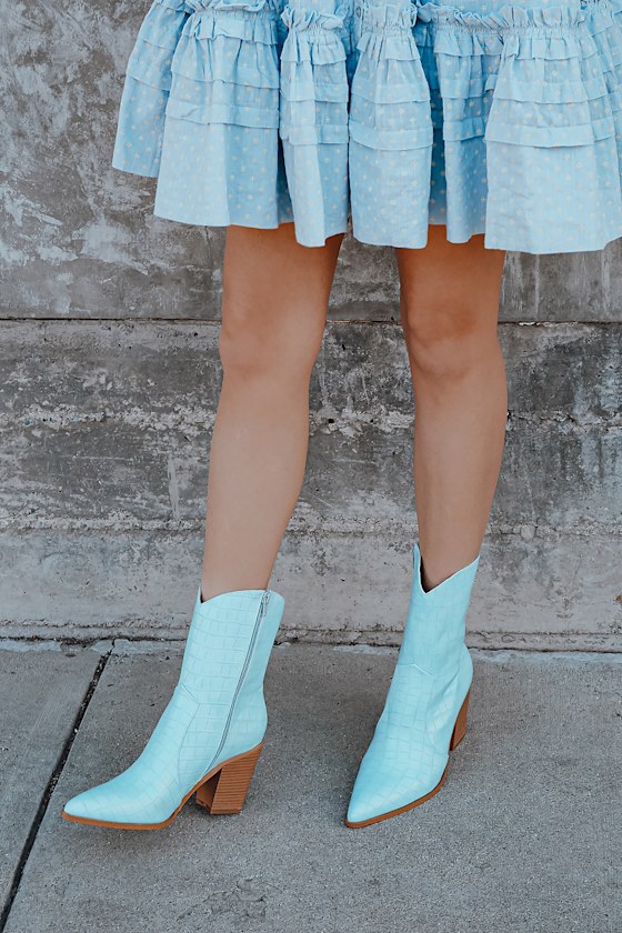 Eleora Blue Crocodile-Embossed Mid-Calf High Heel Boots 1