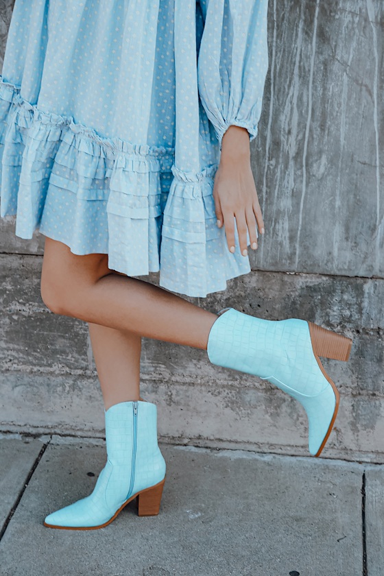 Eleora Blue Crocodile-Embossed Mid-Calf High Heel Boots 5