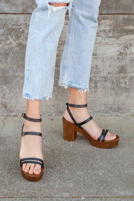 Double Dip Black Leather Strappy Platform Sandals 1
