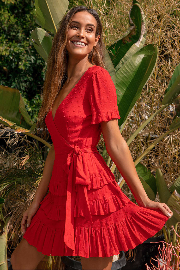 Red Swiss Dot Dress - Tiered Mini Dress - Short Sleeve Dress - Lulus