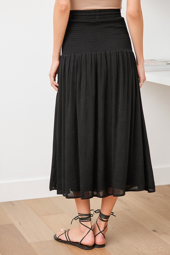 Black Smocked Skirt - Black Midi Skirt - High Waisted Midi