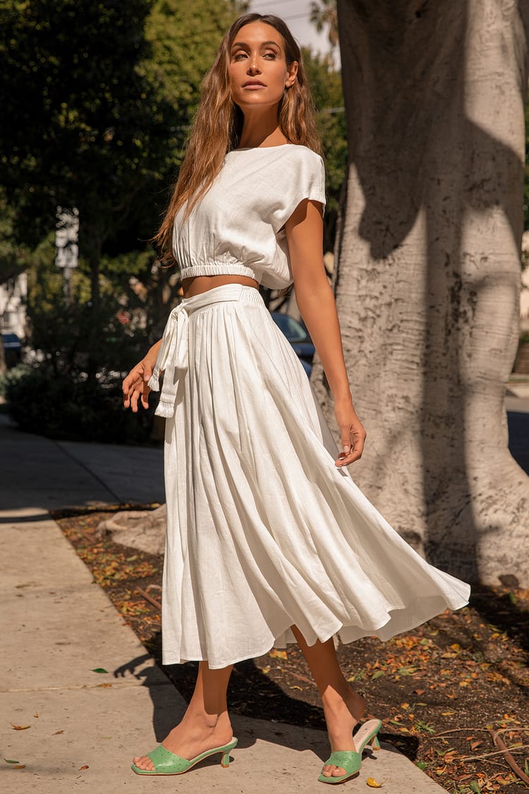 White Two-Piece Dress - Linen Midi Dress - Short Sleeve Dress - Lulus