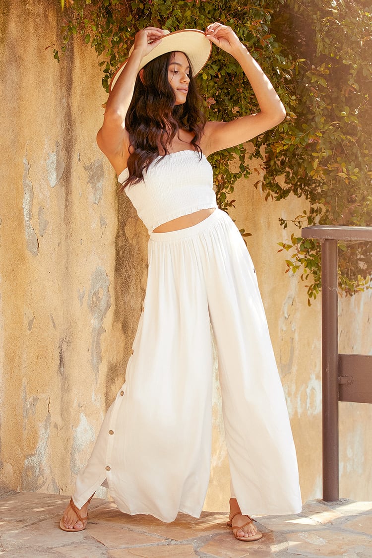 Sunny Moments White Side Button Wide-Leg Pants
