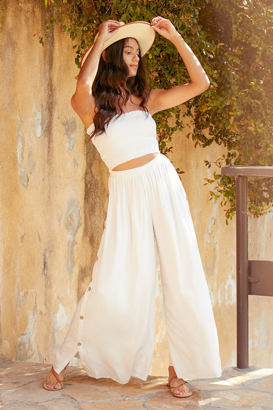 Sunny Moments White Side Button Wide-Leg Pants 8