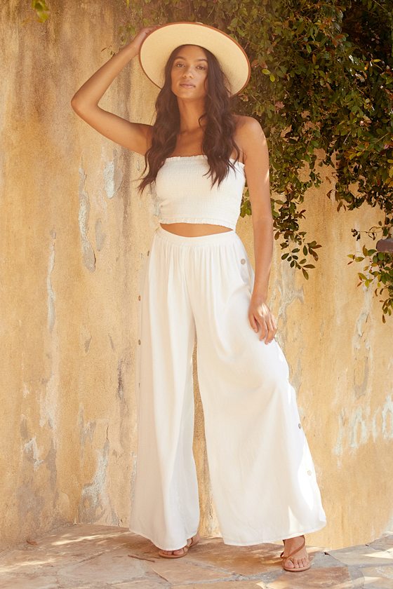 Sunny Moments White Ruffled Smocked Strapless Crop Top 6