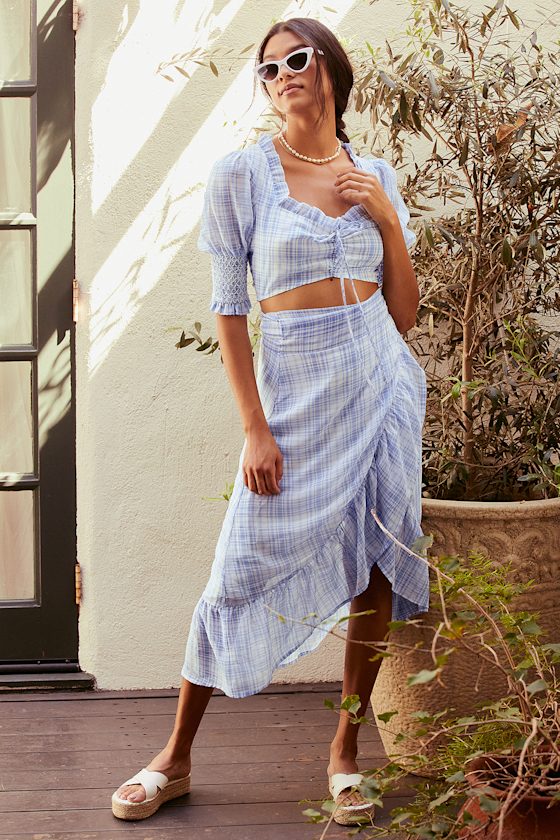 Fashion Focused Blue and White Plaid Ruffled Wrap Midi Skirt 6