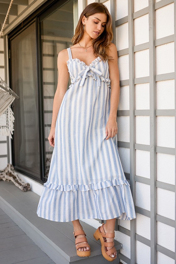 Blue & White Striped Midi - Woven Midi Dress - Ruffled Midi Dress - Lulus