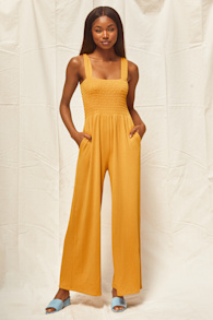Social Calendar Mustard Yellow Ribbed Knit Wide Leg Jumpsuit 5