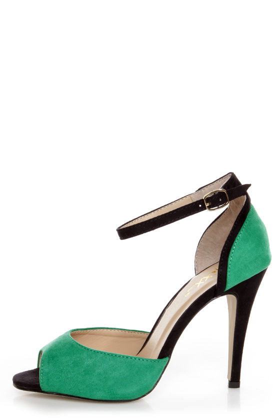 Mixx Shuz Sheila Green and Black Two Piece Peep Toe Heels