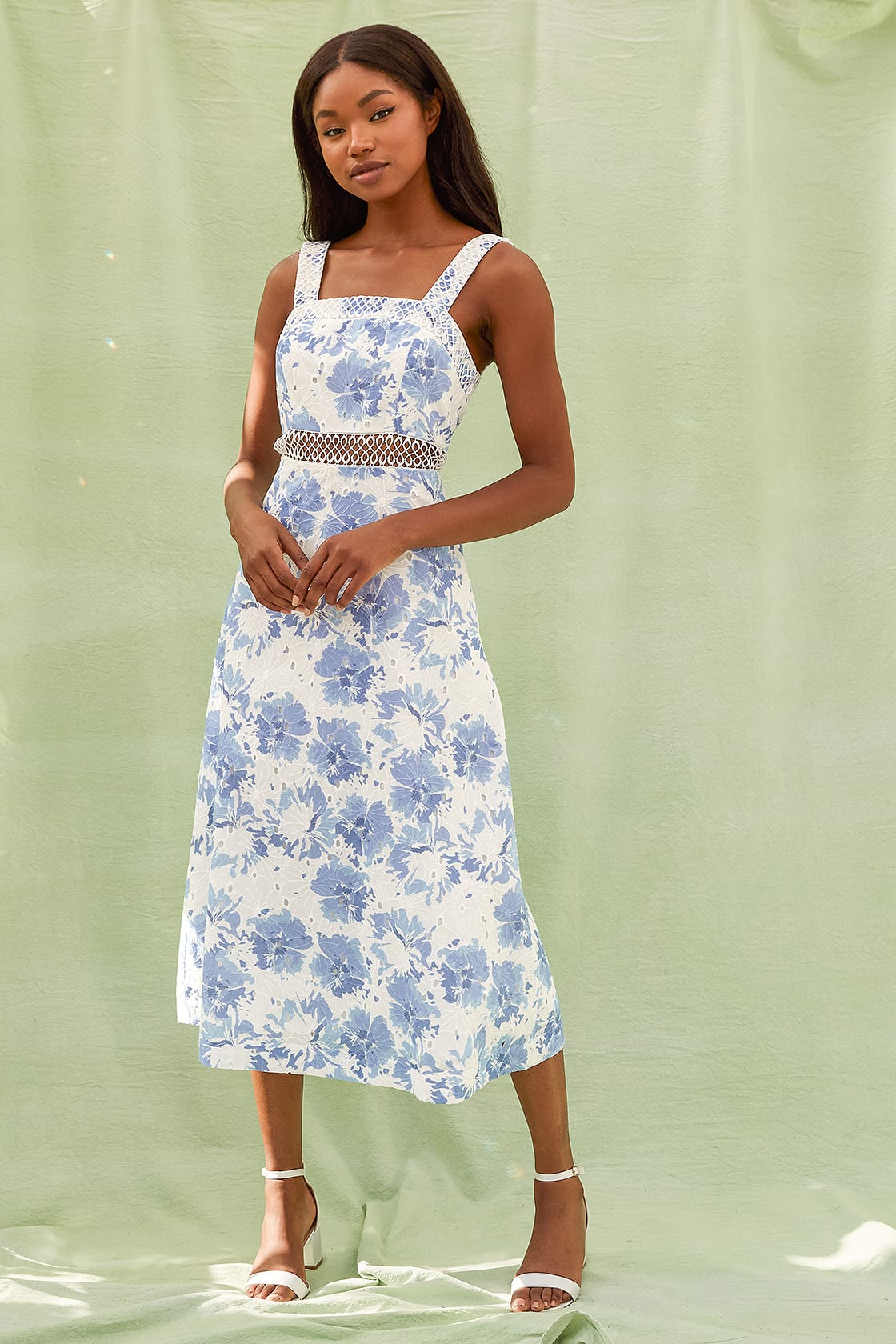 Blue and White Floral Midi Dress for Polo Match