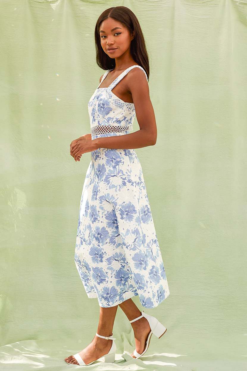 blue and white lace midi dress L'AGENCE Ralphie Lace Midi Dress In Allure Blue/Ivory