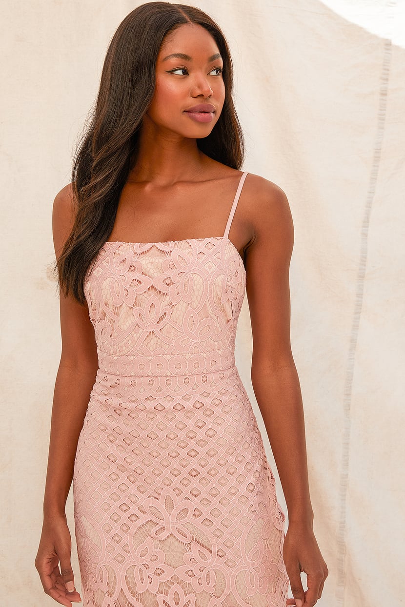 Pink Lace Trumpet Midi Dress | Womens | Small (also in XS, M, L, XL) | 100% Polyester | Lulus | Cocktail Dresses | Holiday Dresses | Barbiecore