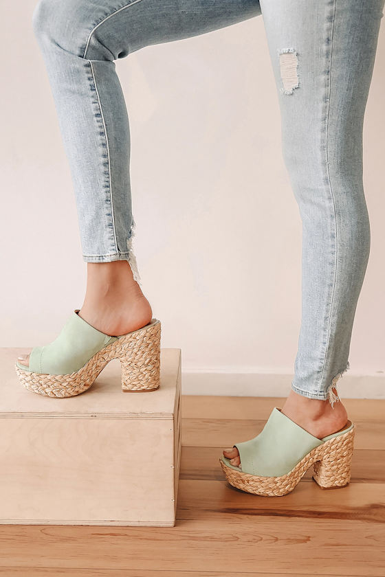 Ervyn Mint Green Suede Raffia Platform Slide Sandals 2