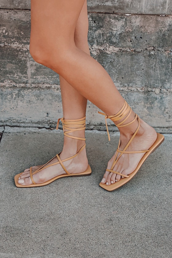 tan lace up sandals flat