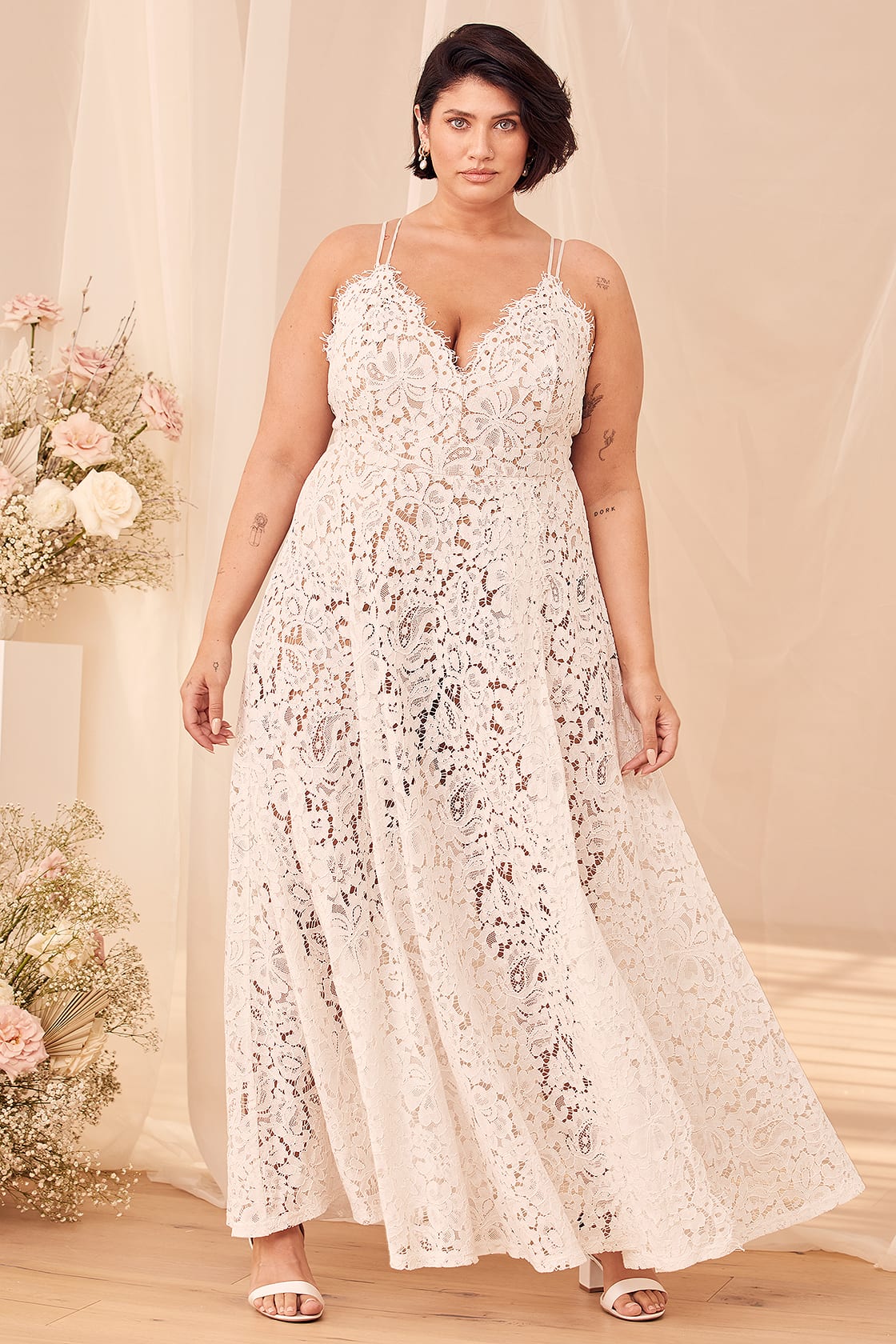 Plus Size White Lace Rehearsal Dinner Maxi Dress