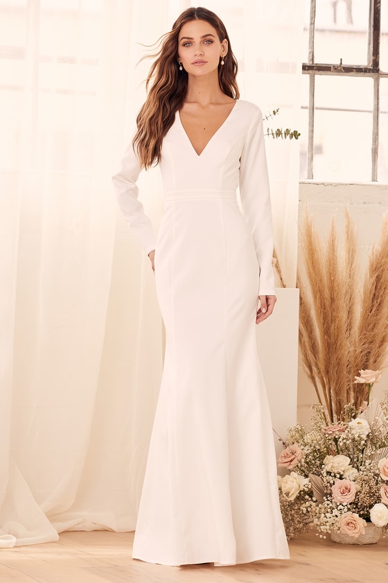 Long Sleeve Wedding Dress White Lace Maxi Lace Bridal