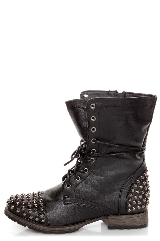 Black Studded Lace-Up Combat Boots 