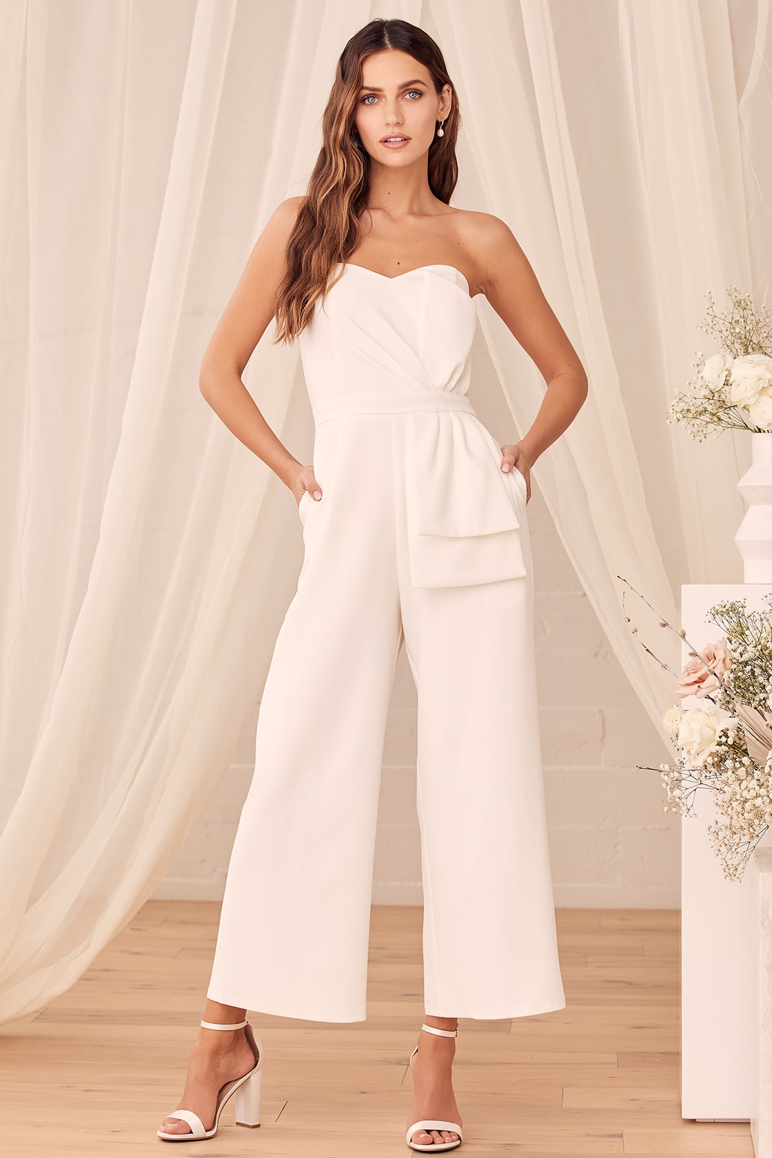 White Wide Leg Rehearsal Dinner Bridal Jumpsuit with Pockets and Sweetheart Neckline