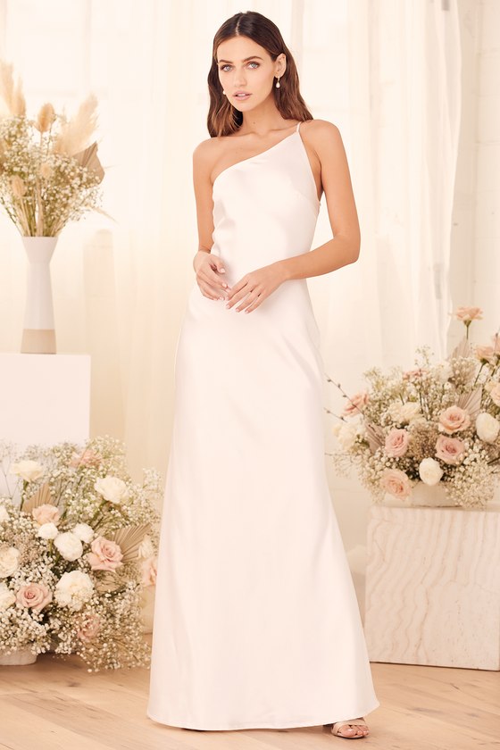 Forever Begins Now White Satin One Shoulder Maxi Dress