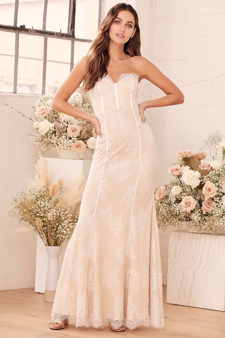White Lace Maxi Dress - Strapless Bustier Dress - Wedding Dress - Lulus