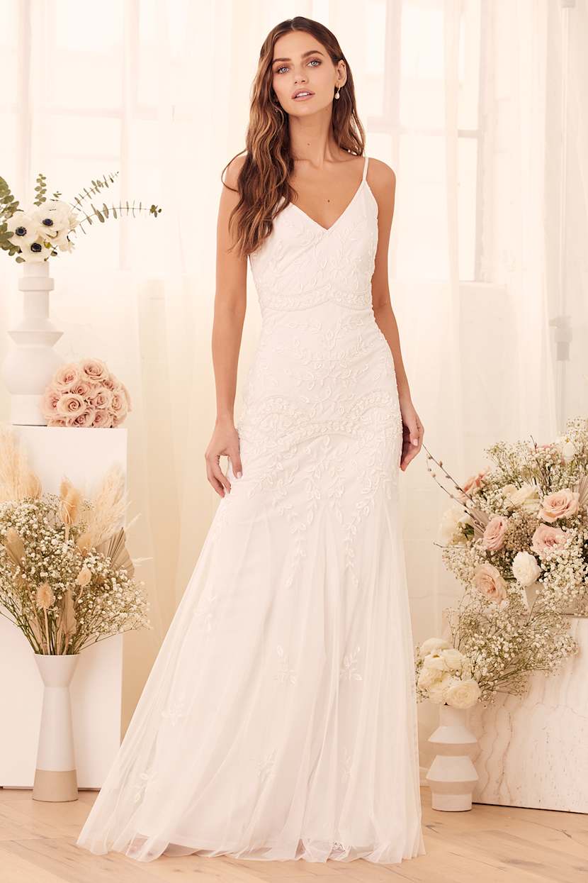 To Have and to Hold White Beaded Trumpet Hem Maxi Dress