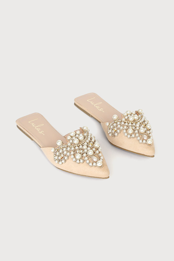 Flora Beige Suede Pearl Embroidered Pointed-Toe Flats 4