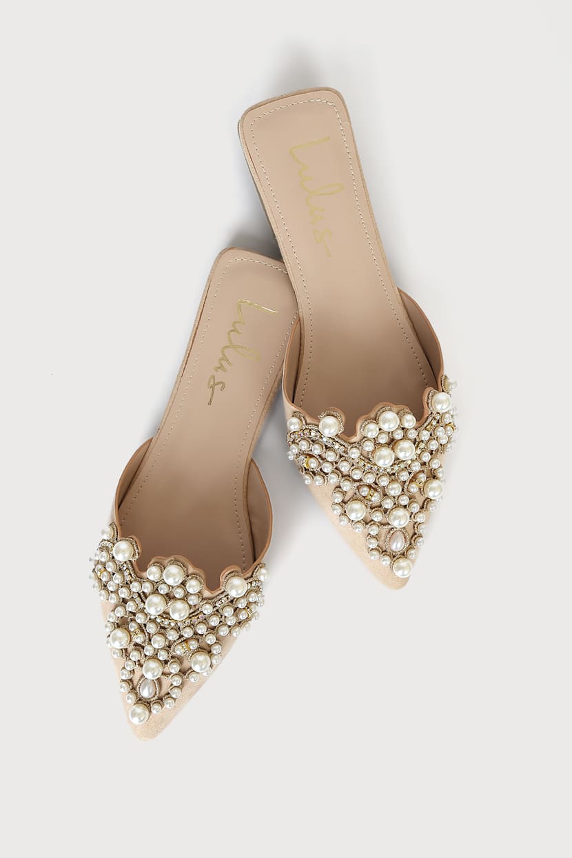 Flora Beige Suede Pearl Embroidered Pointed-Toe Flats