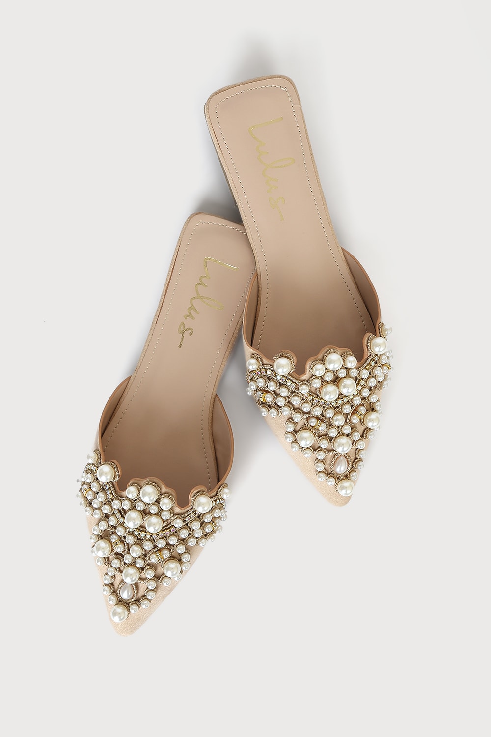 Flora Beige Suede Pearl Embroidered Pointed-Toe Flats