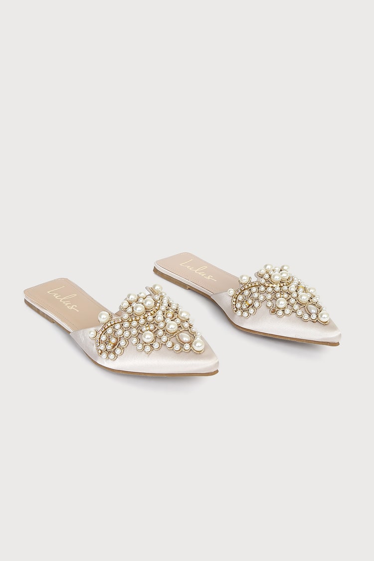 Flora Ivory Satin Pearl Embroidered Pointed-Toe Flats