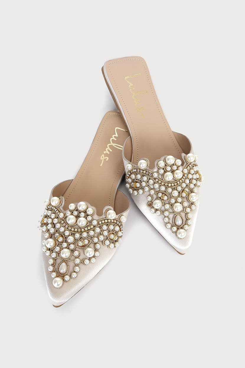 Flora Ivory Satin Pearl Embroidered Pointed-Toe Flats