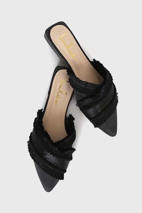 Black Satin Mules PointedToe Mules Fringe Mule Slides Lulus