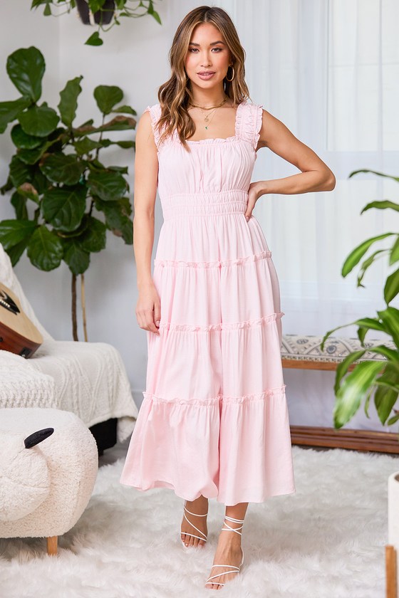 Pink Dotted Maxi Dress - Ruffled Maxi Dress - Tiered Maxi Dress - Lulus