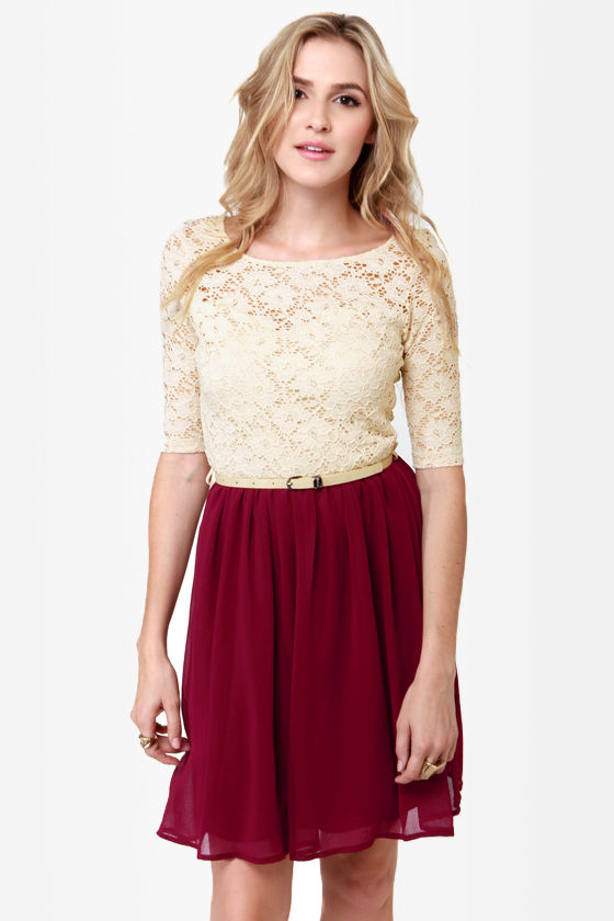 All My Lovin' Beige and Burgundy Lace Dress